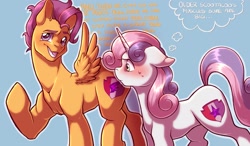 Size: 2029x1188 | Tagged: safe, artist:peepingtom, imported from derpibooru, apple bloom, scootaloo, sweetie belle, pegasus, pony, unicorn, blushing, cutie mark crusaders, dialogue, duo, female, floppy ears, headcanon, lesbian, mare, muscles, muscular female, older, older scootaloo, older sweetie belle, scootabelle, shipping, strongaloo, sweat, sweatdrops, thought bubble