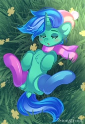 Size: 2232x3258 | Tagged: safe, artist:monstrum, imported from derpibooru, oc, oc only, oc:sleepy whistles, pony, unicorn, butt, clothes, cute, eyes closed, flower, grass, hat, horn, plot, raffle prize, scarf, sleeping, sleepy, socks, solo