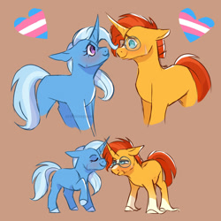 Size: 1280x1280 | Tagged: safe, artist:primrosepaper, imported from derpibooru, sunburst, trixie, pony, unicorn, brown background, duo, female, headcanon, male, pregnant, shipping, simple background, straight, trans female, trans male, trans trixie, transgender, trixburst