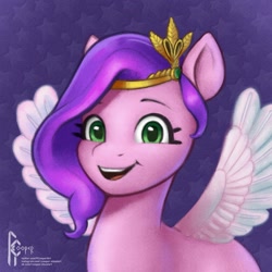 Size: 2025x2025 | Tagged: safe, artist:rcooper, imported from derpibooru, pipp petals, pegasus, pony, female, g5, green eyes, jewelry, mare, my little pony: a new generation, simple background, smiling, solo, spread wings, tiara, wings