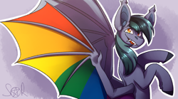 Size: 4500x2500 | Tagged: safe, artist:sanyaredis, imported from derpibooru, oc, oc only, oc:scrimmy, bat pony, pony, bat pony oc, bat wings, colored wings, fangs, heterochromia, male, multicolored wings, pride, rainbow wings, simple background, solo, stallion, wings