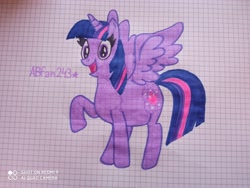 Size: 3264x2448 | Tagged: safe, artist:andreajaywonder2005, imported from derpibooru, twilight sparkle, alicorn, pony, female, graph paper, horn, mare, raised hoof, smiling, solo, spread wings, traditional art, twilight sparkle (alicorn), wings
