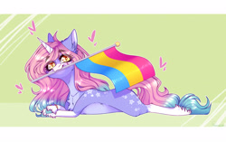 Size: 3455x2166 | Tagged: safe, artist:honeybbear, imported from derpibooru, oc, pony, unicorn, female, lying down, mare, mouth hold, pansexual pride flag, pride, pride flag, prone, solo