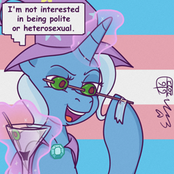 Size: 1000x1000 | Tagged: safe, artist:erynerikard, imported from derpibooru, trixie, pony, unicorn, cape, clothes, digital art, hat, magic, martini glass, meme, olive, open mouth, ponified meme, pride, pride flag, solo, speech bubble, tape, telekinesis, trans trixie, transgender, transgender pride flag, trixie's cape, trixie's hat