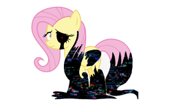 Size: 1415x833 | Tagged: safe, artist:monikaddlcgirl20, imported from derpibooru, fluttershy, pegasus, pony, corrupted, error, female, glitch, mare, pibby, scared, simple background, white background, wings, zalgo