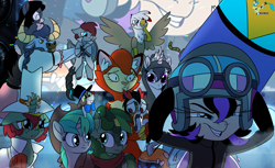 Size: 4346x2654 | Tagged: safe, artist:brainiac, imported from derpibooru, oc, oc:casey, oc:con-e, oc:doctor scorp, oc:duskclaw, oc:kiuri, oc:maneki, oc:minty, oc:moe, oc:nein, oc:shotglass, oc:silent echoes, oc:silent spring, abyssinian, bat pony, breezie, dragon, ghoul, griffon, kirin, minotaur, undead, unicorn, fallout equestria, abyssinian oc, breezie oc, fallout equestria:all things unequal (pathfinder), group photo, mole rat, movie reference, party cannon, screencap reference, spritebot