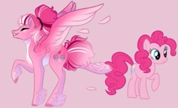 Size: 735x448 | Tagged: safe, artist:moonlight23345, imported from derpibooru, pinkie pie, earth pony, pegasus, pony, eyes closed, feathered fetlocks, female, hair bun, mare, pegasus pinkie pie, pink background, race swap, redesign, self paradox, self ponidox, simple background, smiling