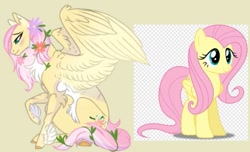 Size: 735x448 | Tagged: safe, artist:moonlight23345, imported from derpibooru, fluttershy, pegasus, pony, blushing, feathered fetlocks, female, flower, flower in hair, fluffy, mare, redesign, self paradox, self ponidox, simple background, sitting