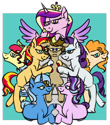 Size: 1500x1700 | Tagged: safe, artist:fuckomcfuck, imported from derpibooru, pear butter, princess cadance, rarity, starlight glimmer, sunset shimmer, torque wrench, trixie, oc, oc:doodles, alicorn, earth pony, unicorn, equestria girls, bedroom eyes, canon x oc, crown, demi-girl, eyeshadow, female, freckles, green background, harem, hoof shoes, infidelity, jewelry, lesbian, makeup, missing cutie mark, regalia, simple background, throne, unshorn fetlocks