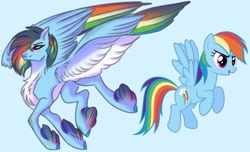 Size: 735x448 | Tagged: safe, artist:moonlight23345, imported from derpibooru, rainbow dash, pegasus, pony, blue background, chest fluff, colored wings, colored wingtips, eye scar, feathered fetlocks, female, mare, redesign, scar, self paradox, self ponidox, simple background, wings