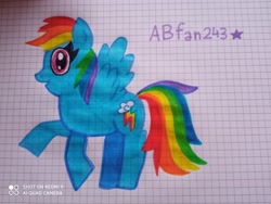 Size: 3264x2448 | Tagged: safe, artist:andreajaywonder2005, imported from derpibooru, rainbow dash, pegasus, pony, female, graph paper, mare, multicolored hair, pencil drawing, rainbow hair, raised hoof, smiling, solo, spread wings, stars, text, traditional art, wings