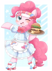 Size: 1498x2048 | Tagged: safe, artist:ginmaruxx, artist:kuzuyukuro, imported from derpibooru, pinkie pie, earth pony, pony, bipedal, blushing, bow, burger, cheeseburger, clothes, cute, diapinkes, dress, female, food, hamburger, headband, heart, looking at you, mare, one eye closed, open mouth, open smile, plate, roller skates, simple background, smiling, smiling at you, solo, stars, waitress, white background, wink, winking at you