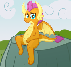 Size: 2184x2044 | Tagged: safe, artist:xppp1n, imported from ponybooru, smolder, dragon, female, looking at you, sitting, solo