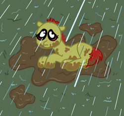 Size: 640x600 | Tagged: safe, artist:thunderpibb, imported from derpibooru, apple bloom, earth pony, alternate hairstyle, crying, grass, little ponies love to play in the mud, missing accessory, mud, muddy, muddy hooves, rain, sad, story included, wat