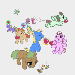 Size: 1280x1280 | Tagged: safe, imported from derpibooru, earth pony, pegasus, unicorn, apple, apple core, cafeteria, colt, female, filly, flying, foal, food, group, magic, male, rotten apple, sad, stink lines, telekinesis