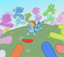 Size: 640x569 | Tagged: safe, artist:thunderpibb, imported from derpibooru, rainbow dash, pegasus, ball, crying, deflated, female, foal, grass, laughing, pointing, spiky mane