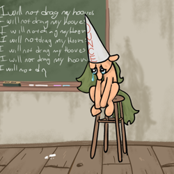 Size: 640x640 | Tagged: safe, artist:thunderpibb, imported from derpibooru, earth pony, chalk, chalkboard, crying, dunce hat, hat, pony shaming, sad, sitting, solo, stool, wooden floor