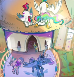 Size: 2296x2386 | Tagged: safe, artist:alumx, imported from derpibooru, princess celestia, princess luna, queen haven, zipp storm, alicorn, pegasus, pony, armor, balcony, canterlot, eyes closed, female, g5, hiding, laughing, mare, royal guard, spear, trollestia, weapon