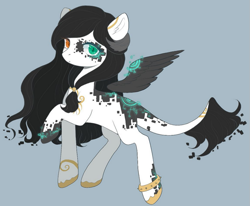 Size: 917x756 | Tagged: safe, artist:nilla_beanie, imported from twibooru, oc, pegasus, pony, anklet, black mane, black wings, comission, digital, green eye, heterochromia, image, instagram, looking at you, orange eye, png, procreate app, simple background, solo, tron lines