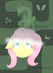 Size: 800x1100 | Tagged: safe, artist:fluttergore, imported from derpibooru, discord, fluttershy, butterfly, draconequus, pegasus, pony, canterlot hedge maze, dialogue, discorded, element of kindness, female, floppy ears, frown, hedge maze, male, mare, maze, sad, spread wings, text, wings