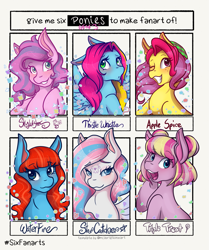 Size: 1715x2048 | Tagged: safe, artist:mscolorsplash, imported from derpibooru, apple spice, skywishes, star catcher, thistle whistle, triple treat, waterfire, earth pony, pegasus, pony, six fanarts, female, g3, grin, mare, smiling, wip