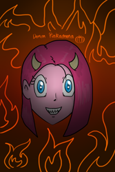 Size: 1000x1500 | Tagged: safe, artist:fluttergore, imported from derpibooru, pinkie pie, demon, human, demon horns, fangs, female, fire, halloween, hell, holiday, horns, humanized, pinkamena diane pie, pumpkin, smiling, text