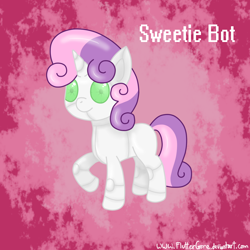 Size: 1000x1000 | Tagged: safe, artist:fluttergore, imported from derpibooru, sweetie belle, pony, robot, robot pony, unicorn, female, horn, mare, pink background, raised hoof, simple background, smiling, sweetie bot, text