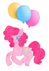 Size: 618x900 | Tagged: safe, artist:fluttergore, imported from derpibooru, pinkie pie, earth pony, pony, balloon, female, floating, flying, mare, simple background, smiling, then watch her balloons lift her up to the sky, transparent background