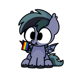 Size: 800x800 | Tagged: safe, artist:sugar morning, imported from derpibooru, oc, oc only, oc:scrimmy, bat pony, pony, bat pony oc, bat wings, chibi, commission, cute, flag, gay pride flag, male, ocbetes, pride, pride flag, simple background, sitting, solo, stallion, transparent background, wings, ych result