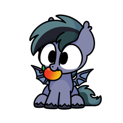 Size: 800x800 | Tagged: safe, alternate version, artist:sugar morning, imported from derpibooru, oc, oc only, oc:scrimmy, bat pony, pony, bat pony oc, bat wings, chibi, commission, cute, food, herbivore, male, mango, ocbetes, simple background, sitting, solo, stallion, transparent background, wings, ych result