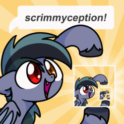Size: 800x800 | Tagged: safe, artist:sugar morning, imported from derpibooru, oc, oc only, oc:scrimmy, bat pony, pony, animated, bat pony oc, bat wings, commission, dialogue, droste effect, gif, heterochromia, inception, male, pointing, recursion, solo, stallion, wings, ych result