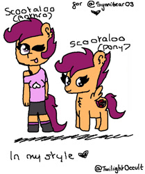 Size: 596x712 | Tagged: safe, artist:twilightoccult, imported from derpibooru, scootaloo, oc, oc:ponytale scootaloo, anthro, pegasus, pony, ;p, clothes, female, filly, foal, heart, one eye closed, pants, shoes, simple background, smiling, spread wings, text, the cmc's cutie marks, tongue out, white background, wings, wink
