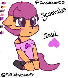 Size: 472x540 | Tagged: safe, artist:twilightoccult, imported from derpibooru, scootaloo, oc, oc:ponytale scootaloo, anthro, blushing, clothes, female, floppy ears, heart, pants, reference sheet, shoes, simple background, text, white background