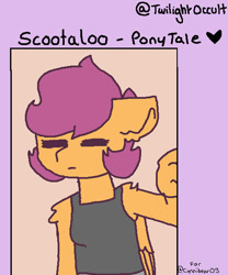 Size: 502x604 | Tagged: safe, artist:twilightoccult, imported from derpibooru, scootaloo, oc, oc:ponytale scootaloo, anthro, clothes, eyes closed, female, heart, pants, tanktop, text, wings