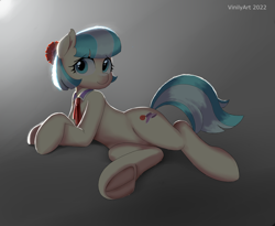 Size: 2920x2400 | Tagged: safe, artist:vinilyart, imported from derpibooru, coco pommel, earth pony, pony, backlighting, clothes, female, frog (hoof), lying down, mare, scarf, signature, solo, underhoof