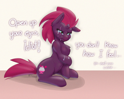 Size: 1000x798 | Tagged: safe, artist:inkypuso, imported from derpibooru, fizzlepop berrytwist, tempest shadow, pony, unicorn, broken horn, crying, eye scar, female, horn, mare, sad, scar, sitting, solo