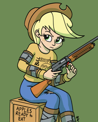 Size: 1000x1250 | Tagged: safe, artist:mkogwheel, imported from derpibooru, applejack, human, crate, female, green background, gun, humanized, left 4 dead 2, looking at something, shotgun, simple background, sitting, solo, trigger discipline, weapon