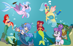 Size: 1145x720 | Tagged: safe, artist:pagiepoppie12345, imported from derpibooru, princess skystar, silverstream, hippogriff, mermaid, octopus, pony, seapony (g4), starfish, my little pony: the movie, ariel, boat, bra, bubble, cala maria, clothes, crossover, cuphead, fish tail, flower, g4, jewelry, marina (zig & sharko), mermaid tail, necklace, ocean, pearl, puyo puyo, serilly, smiling, tail, the little mermaid, underwater, water, x eyes, zig & sharko