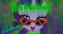 Size: 1210x660 | Tagged: safe, artist:seventh element, imported from derpibooru, rarity, pony, unicorn, cover art, drug use, drugs, ecstasy, eyeshadow, female, glasses, makeup, mare, rarity's glasses, smiling, text, youtube link