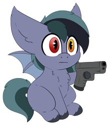 Size: 2292x2666 | Tagged: safe, artist:pegamutt, imported from derpibooru, oc, oc only, oc:scrimmy, bat pony, pony, :|, bat pony oc, bat wings, commission, fangs, gun, heterochromia, male, simple background, sitting, solo, stallion, transparent background, weapon, wings, ych result