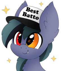 Size: 2352x2715 | Tagged: safe, artist:pegamutt, imported from derpibooru, oc, oc only, oc:scrimmy, bat pony, pony, bat pony oc, commission, cute, fangs, hat, heterochromia, male, ocbetes, simple background, smiling, solo, stallion, transparent background, ych result
