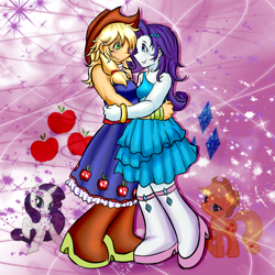 Size: 2000x2000 | Tagged: safe, artist:xxitachiuchihaloverxx, imported from derpibooru, applejack, rarity, human, equestria girls, bare shoulders, clothes, cute, dress, duo, duo female, fall formal outfits, female, holding each other, lesbian, looking at each other, rarijack, shipping, skirt, sleeveless, smiling, smiling at each other, strapless