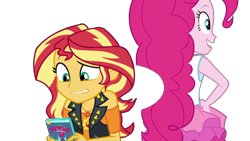 Size: 1920x1080 | Tagged: safe, artist:rarityvrymercollectiveoriginals, edit, edited screencap, imported from derpibooru, screencap, pinkie pie, sunset shimmer, human, equestria girls, equestria girls series, holidays unwrapped, spoiler:eqg series (season 2), background removed, book, dashing through the mall, geode of empathy, geode of sugar bombs, magical geodes, not a vector, simple background, transparent background