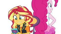 Size: 1920x1080 | Tagged: safe, artist:rarityvrymercollectiveoriginals, edit, edited screencap, imported from derpibooru, screencap, pinkie pie, sunset shimmer, human, equestria girls, equestria girls series, holidays unwrapped, spoiler:eqg series (season 2), background removed, book, chair, dashing through the mall, geode of empathy, geode of sugar bombs, magical geodes, not a vector, simple background, transparent background