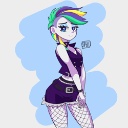 Size: 3000x3000 | Tagged: safe, artist:spellart, imported from derpibooru, rarity, human, equestria girls, alternate hairstyle, bare shoulders, belt, bracelet, clothes, female, fishnets, jeans, jewelry, lidded eyes, pants, punk, raripunk, short jeans, sleeveless, smiling, solo