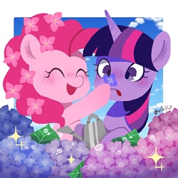 Size: 766x766 | Tagged: safe, artist:efuji_d, imported from derpibooru, pinkie pie, twilight sparkle, alicorn, earth pony, pony, blushing, cute, diapinkes, duo, eyes closed, female, flower, flower in hair, mare, twiabetes, twilight sparkle (alicorn), watering can