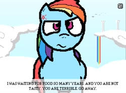 Size: 1321x979 | Tagged: safe, artist:pokehidden, edit, editor:imaflashdemon, imported from derpibooru, rainbow dash, pegasus, pony, banned from equestria daily, cloud, cross-popping veins, dialogue, female, frown, game, mare, on a cloud, rainbow, rainbow dash is not amused, sky, standing on a cloud, text, unamused