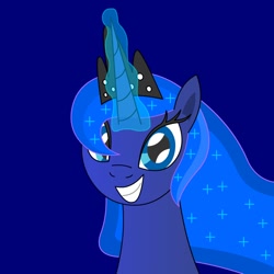 Size: 900x900 | Tagged: safe, artist:imaflashdemon, imported from derpibooru, princess luna, alicorn, pony, blue background, crown, female, horn, jewelry, magic, mare, regalia, simple background, smiling, sparkles