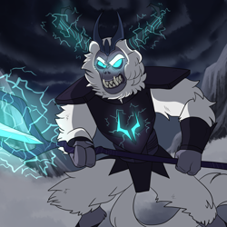 Size: 3000x3000 | Tagged: safe, artist:gingygin, imported from derpibooru, storm king, yeti, angry, antagonist, armor, claws, cloud, crown, fangs, glowing, glowing eyes, gritted teeth, horns, jewelry, lightning, magic, male, regalia, solo, staff, staff of sacanas, teeth