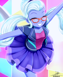 Size: 1784x2163 | Tagged: safe, artist:the-butch-x, imported from derpibooru, part of a set, sugarcoat, human, dance magic, equestria girls, spoiler:eqg specials, breasts, busty sugarcoat, cleavage, clothes, cute, dance magic outfit, dress, eyes closed, female, g4, glasses, grin, happy, skirt, smiling, solo, sugarcute